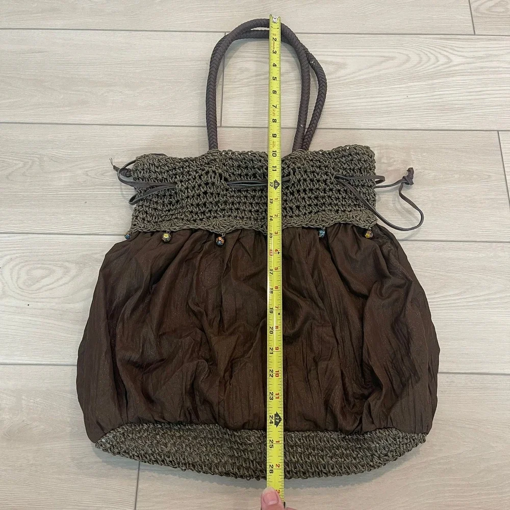 Bohemian Crochet Knit Bag Women Brown Beaded Drawstring Hobo Boho Fairycore Y2k‎